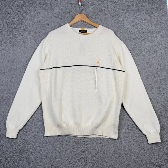 Nautica Sweater Mens Large Ivory Cable Knit Crew Neck Pullover 100% Cotton NWT - Picture 1 of 13